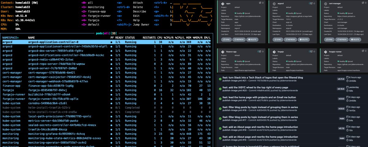 Views of the applications running on Homelab33, their release status, and successful builds